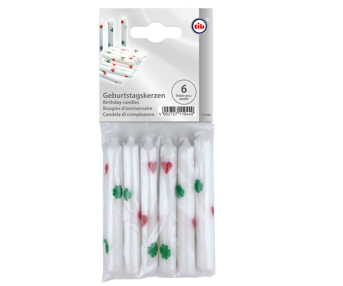 6er Pkg. Geburtstagskerzen weiß mit Herzen/Kleeblätter