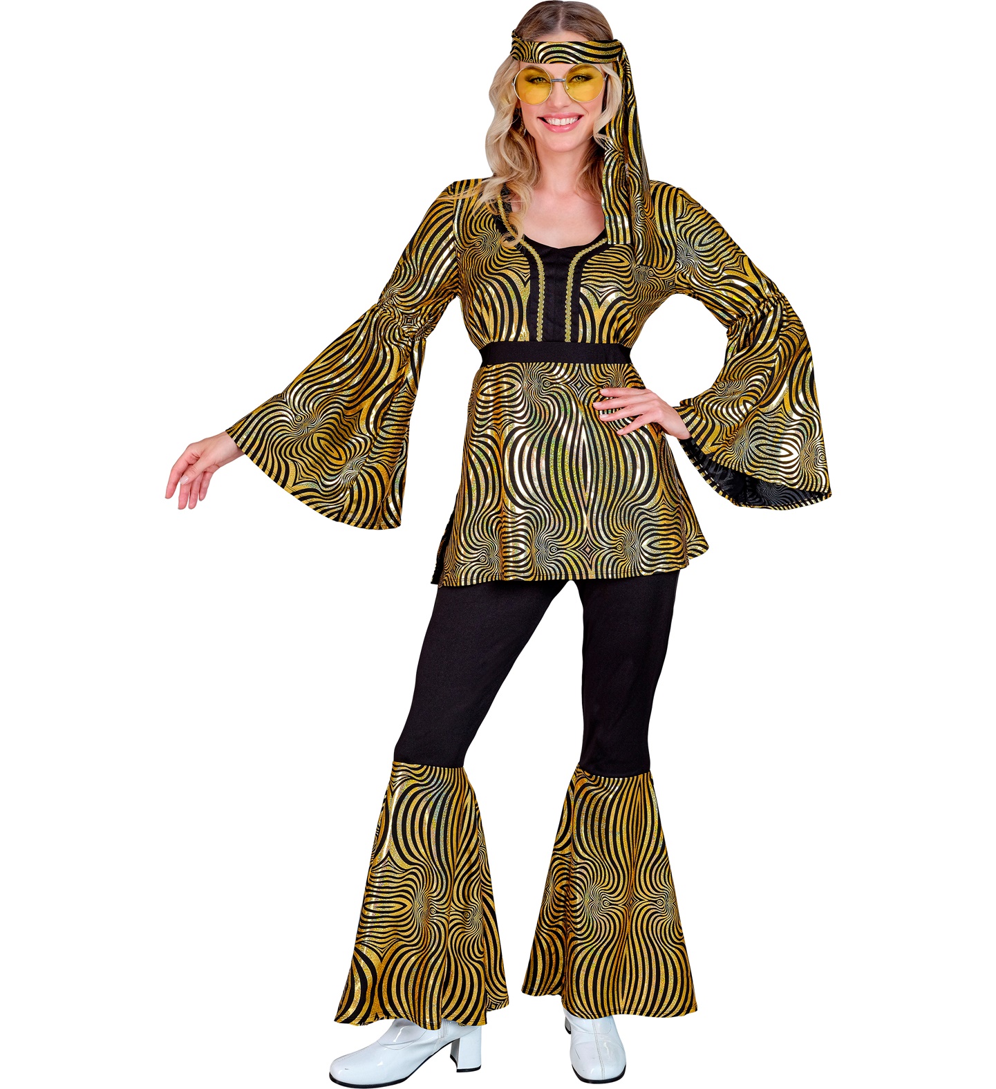 70er Disco Oberteil, Hose, Stirnband MEDIUM gold-waves