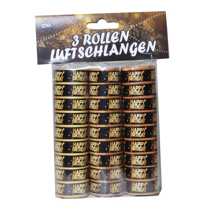 3er Pkg. Luftschlangen "Happy Birthday" schwarz-gold