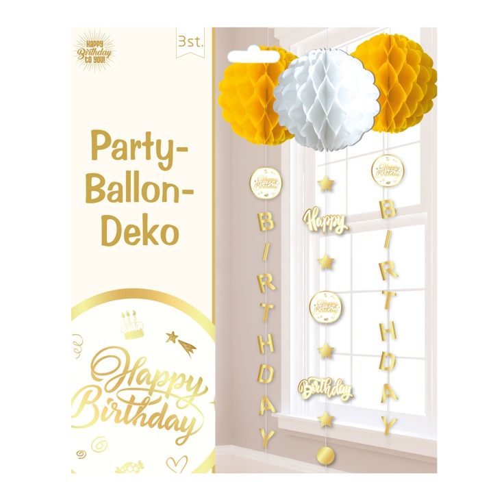 3er SET Happy Birthday Hänge Deko in weiß-gold