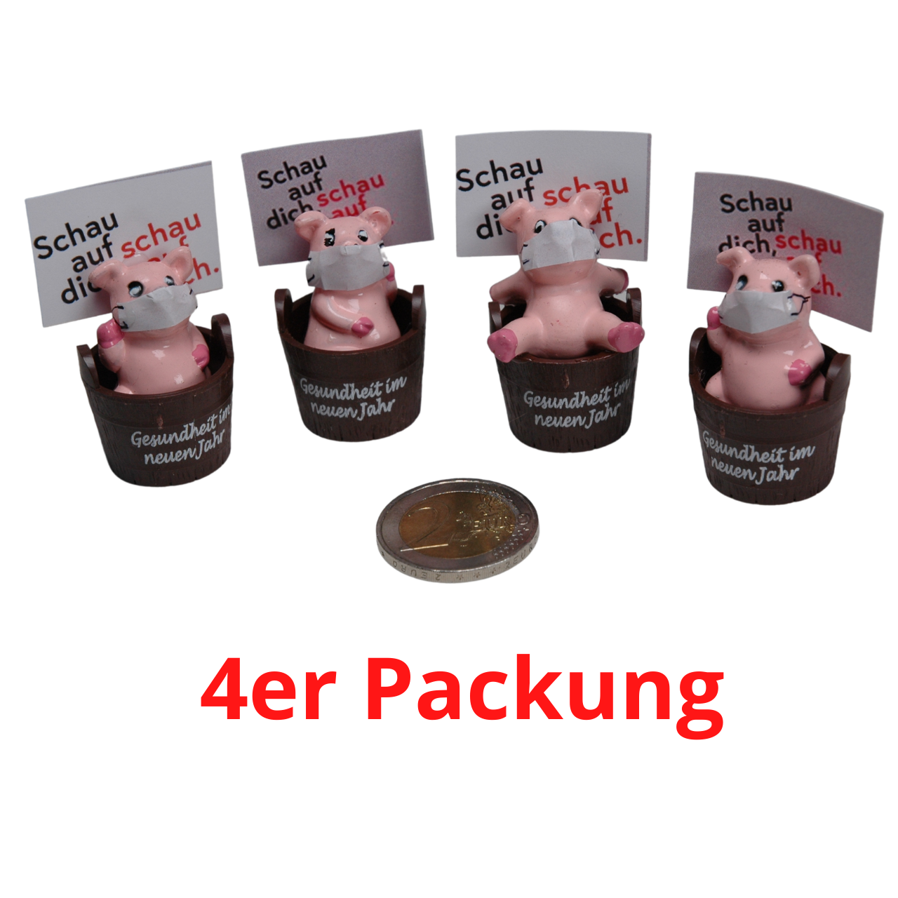 "Schau auf dich" Glücksbringer 4 Stück Schweinchen mit Maske