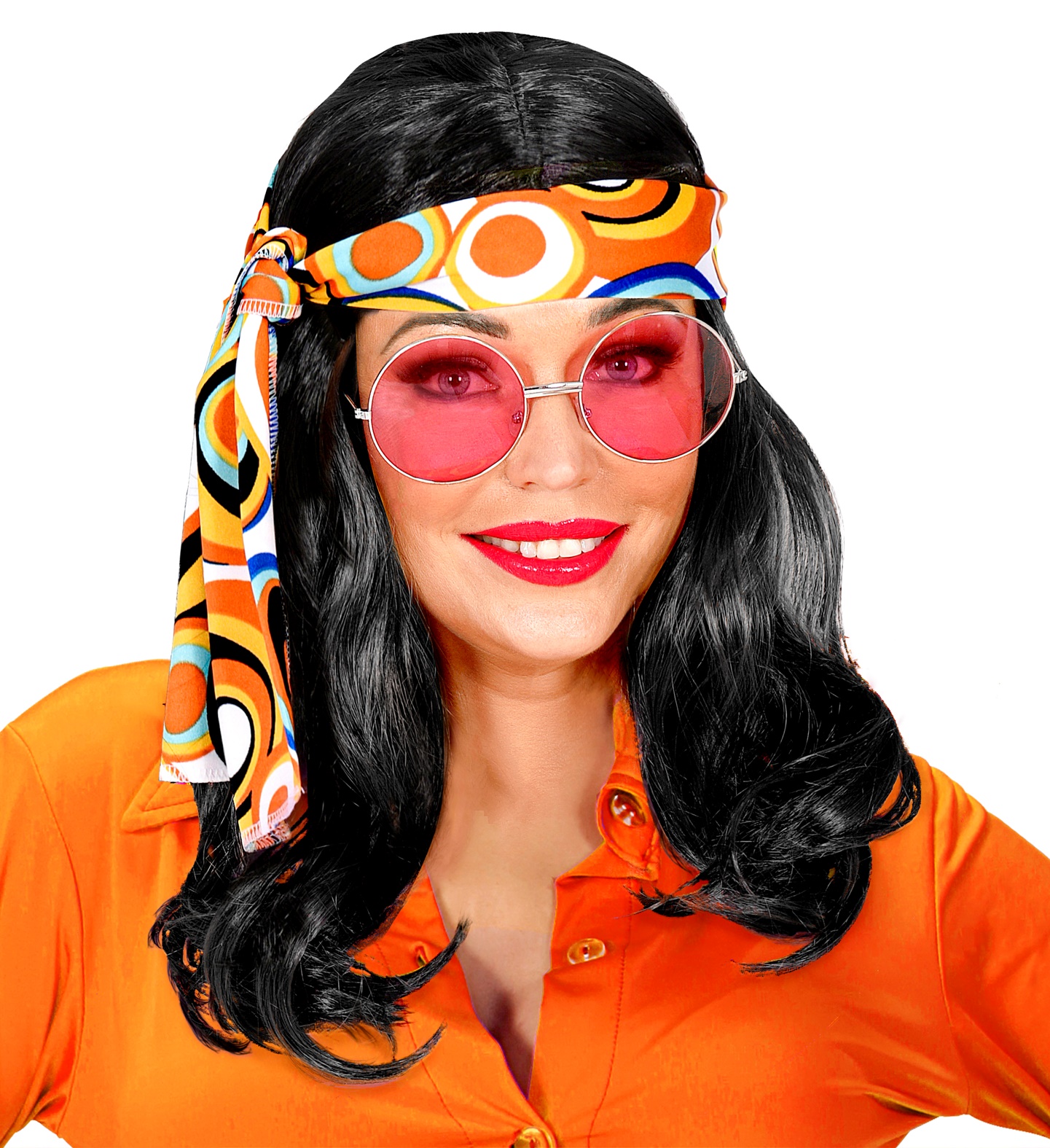 Langhaar Hippi Perücke schwarz mit Stirnband