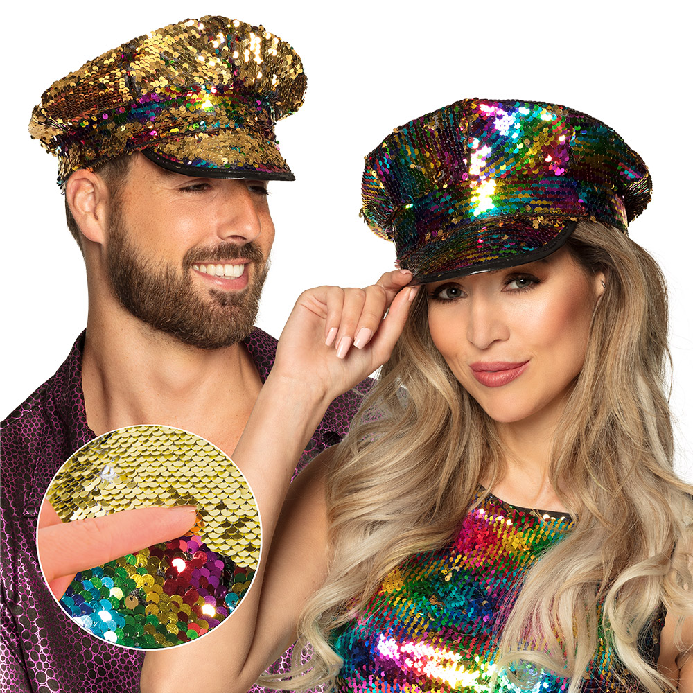 Wende-Pailletten Schirmkappe regenbogen-gold