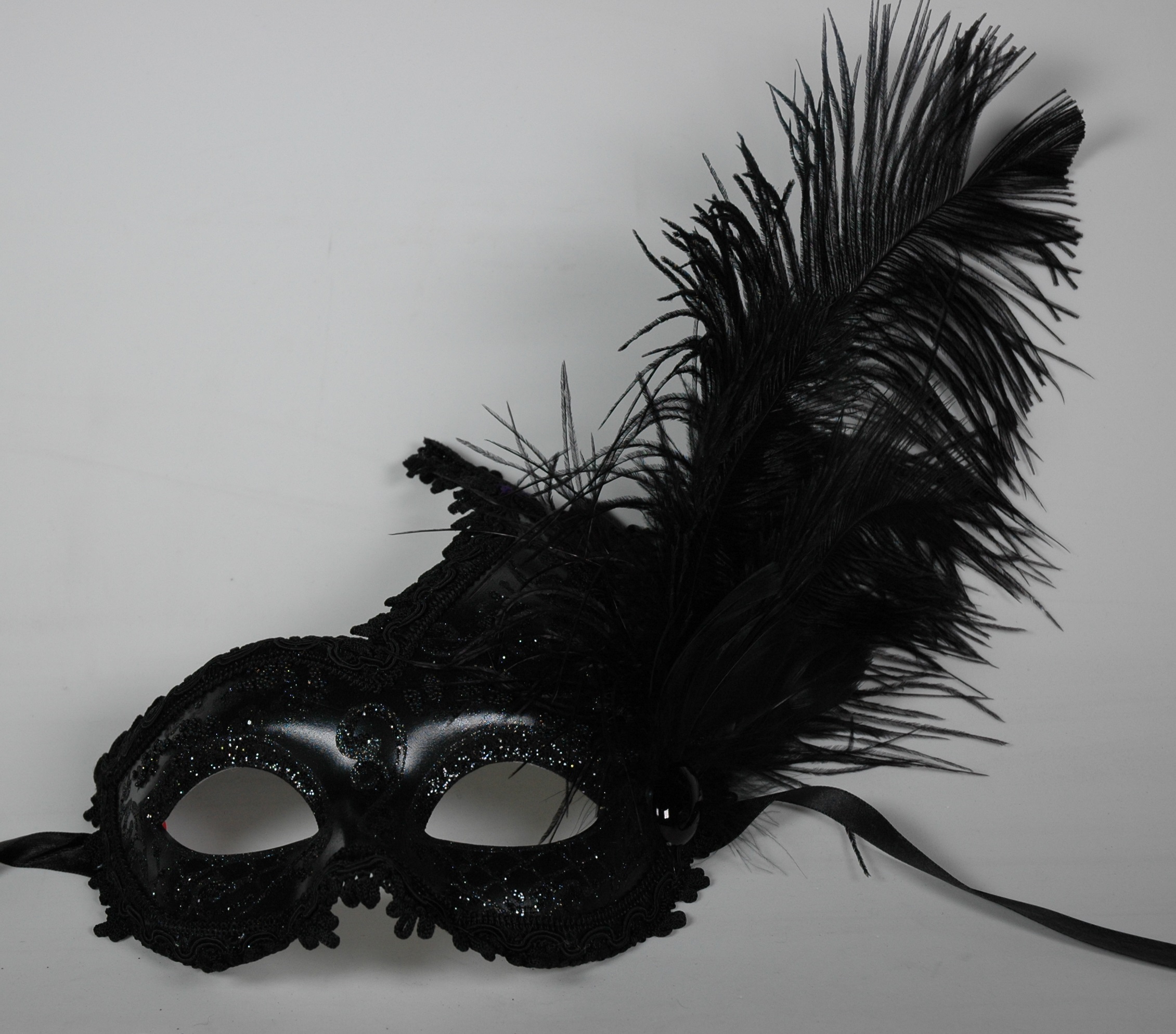 Venezianische Federmaske Onda "Giada" schwarz-schwarz