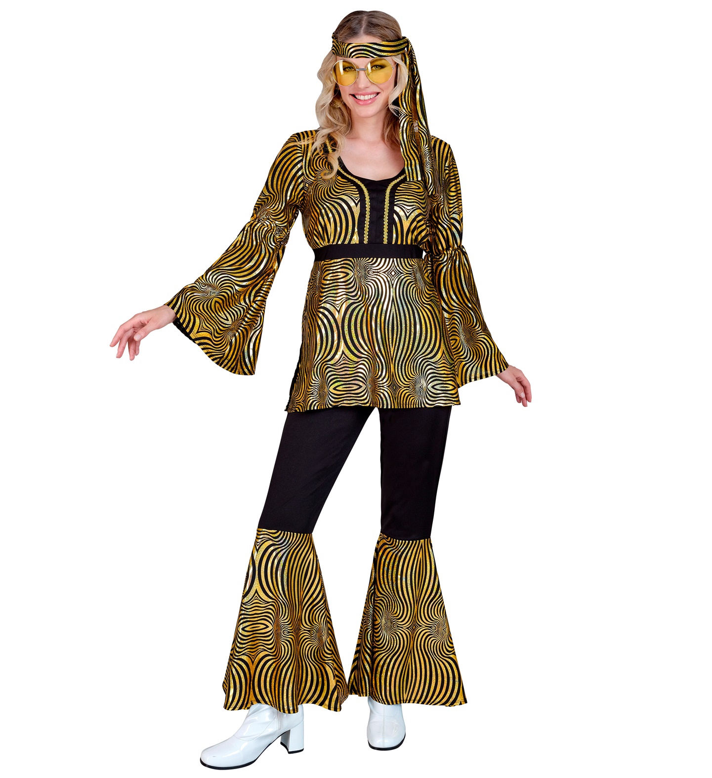 70er Disco Oberteil, Hose, Stirnband LARGE gold-waves