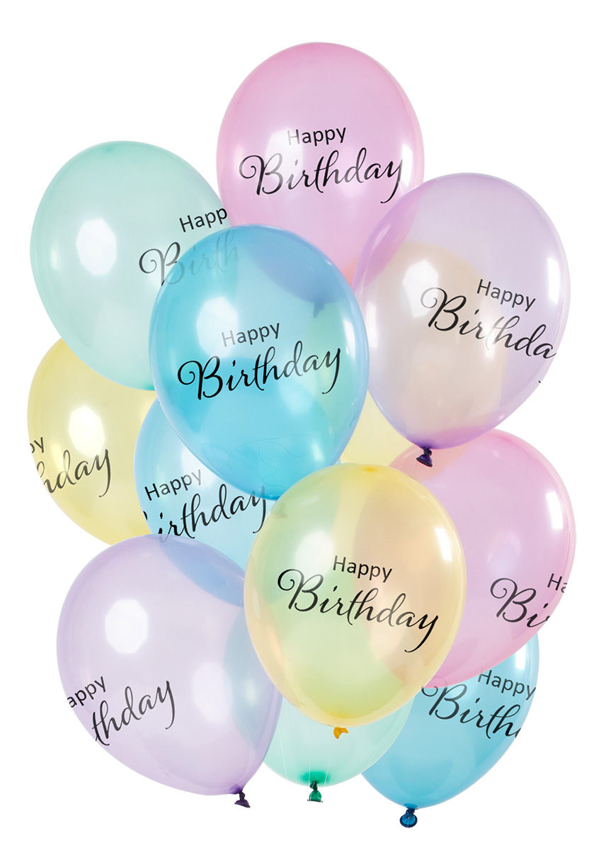12 Stk.Latex Ballon 33cm pastell-transparent Happy Birthday