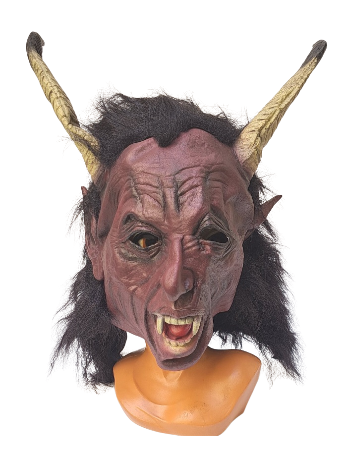 Krampus Maske dunkelrot mit beigen langen Hörnern
