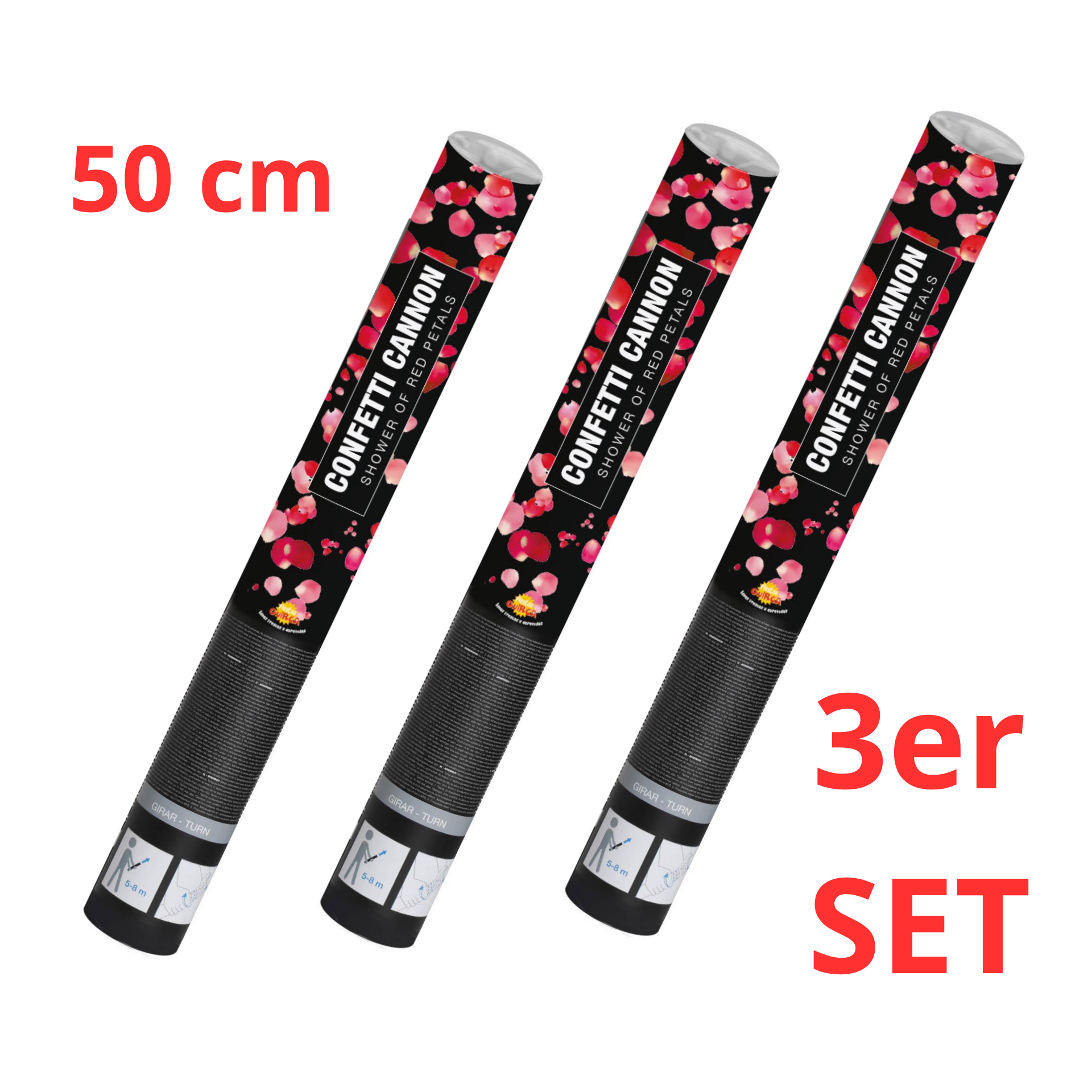 3er Pkg. Konfetti Shooter mit Rosenblätte 50cm ROT