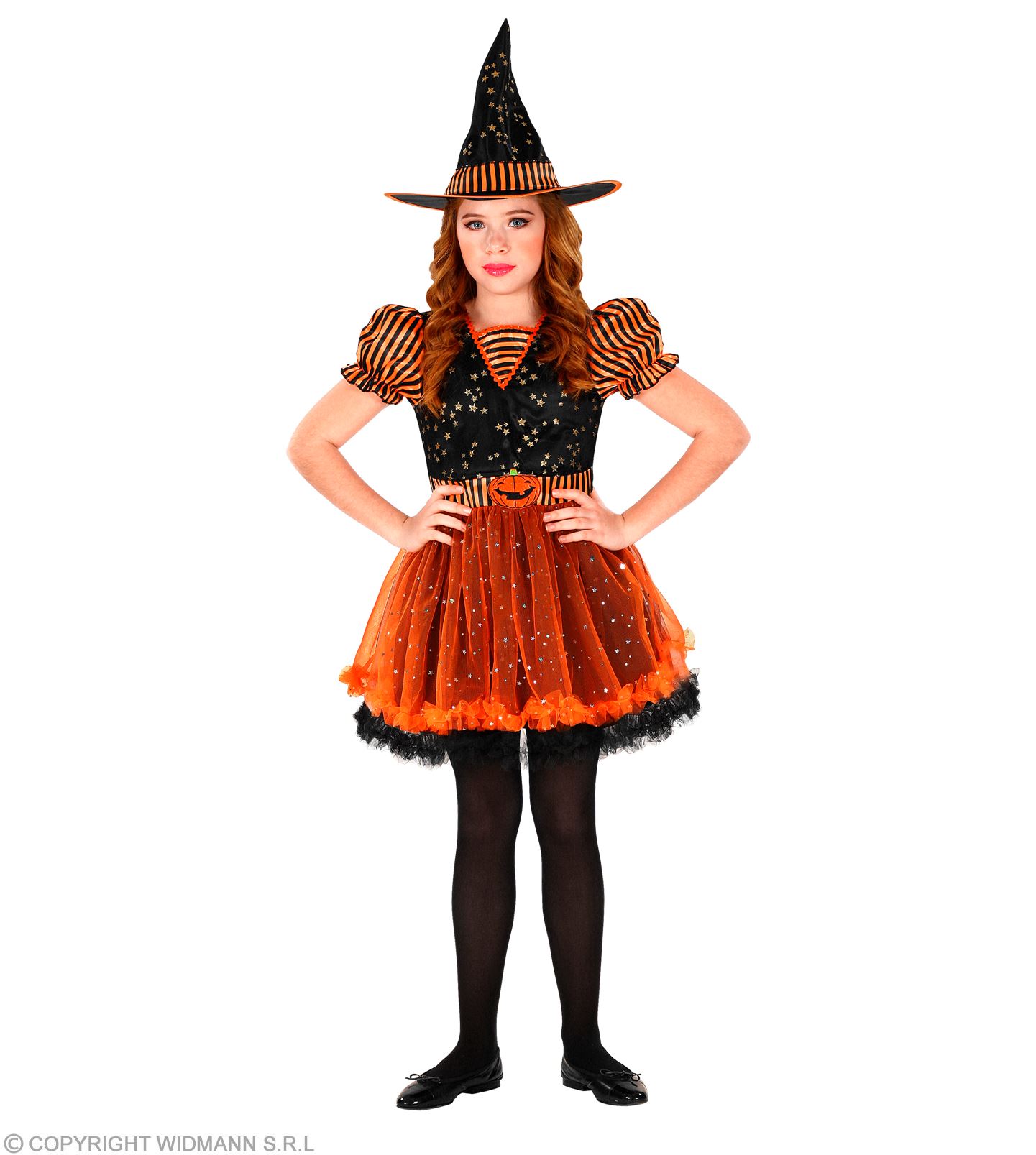 Hexen Kleid orange-schwarz Gr.140  Kleid mit Hut