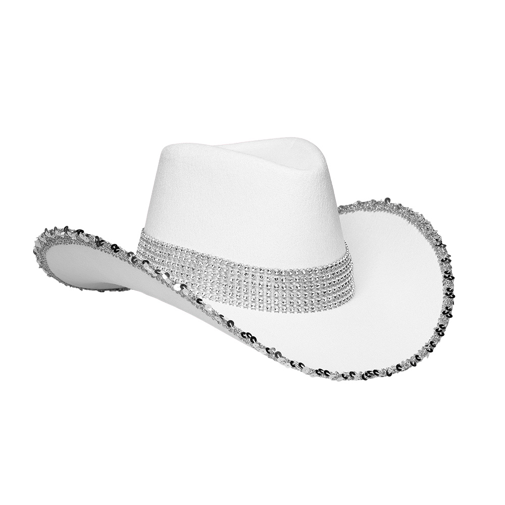 Weisser Lady-Cowboy Hut mit Pailletten und Strass Deko