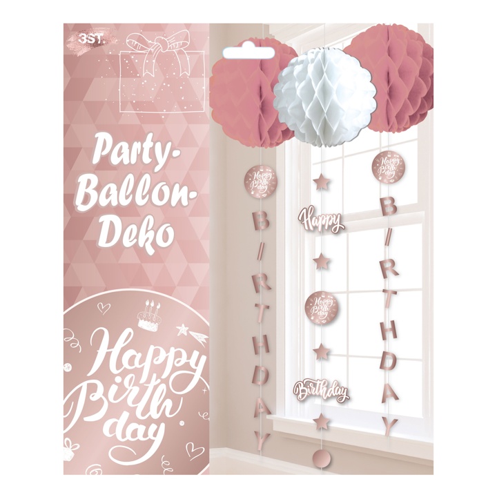 3er SET Happy Birthday Hänge Deko in roségold-weiß