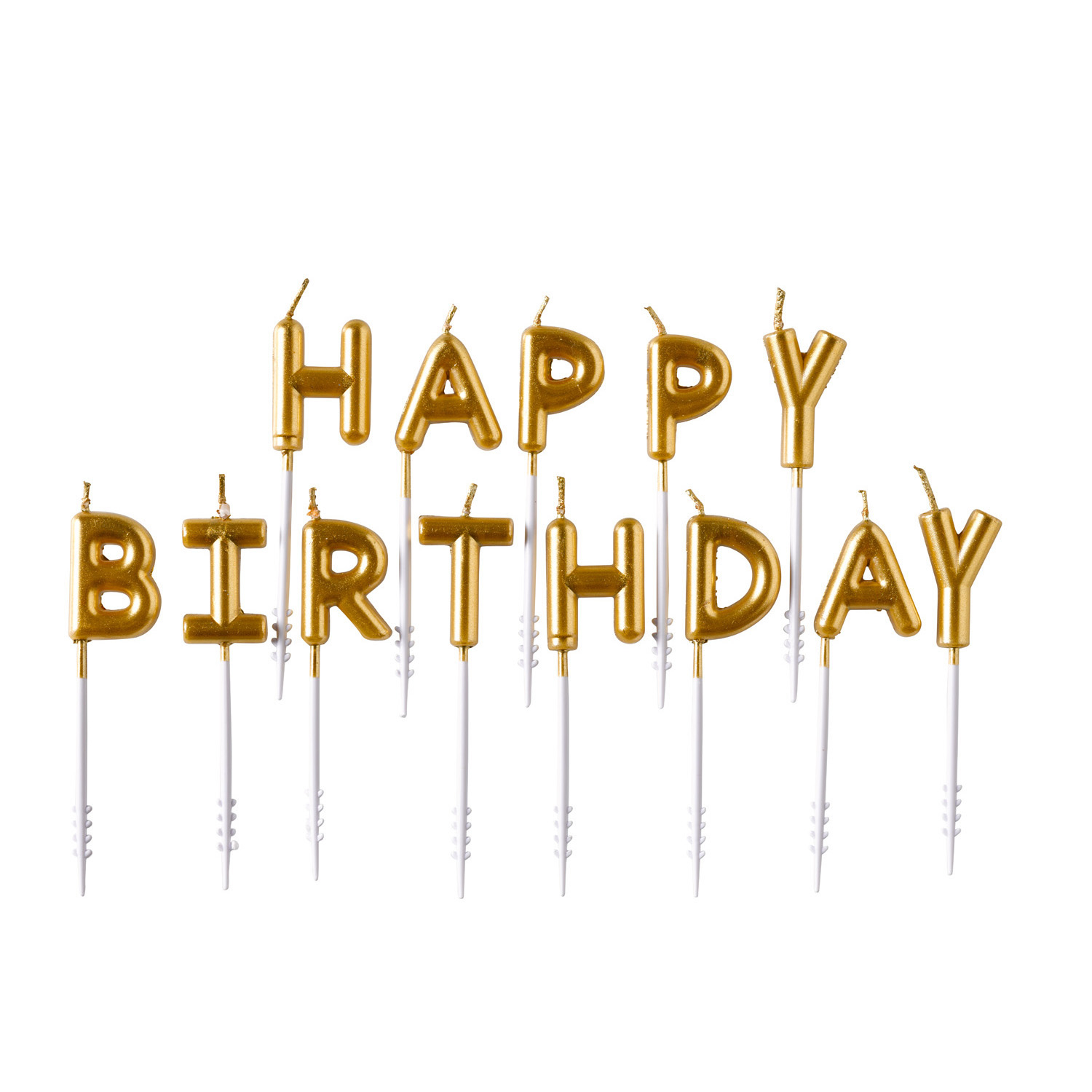 13 Buchstaben-Kerzen "Happy Birthday" in gold 7,3cm hoch