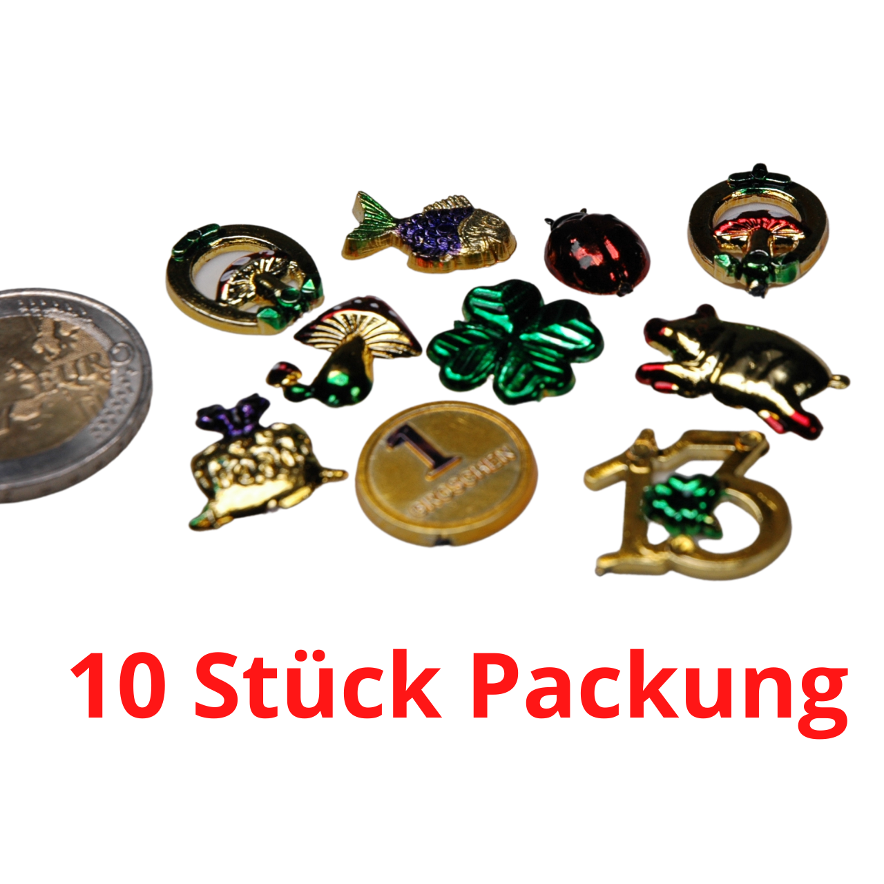 10 Stück Glücksbringer gold verschiedene Motive