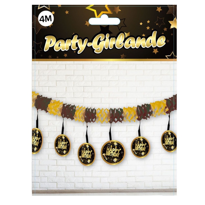 Happy Birthday Party Girlande  schwarz-gold 4 Meter